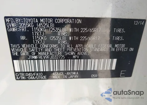 2015 Toyota Rav4 Xle z USA, uszkodzony, nr VIN JTMWFREV9FJ032725
